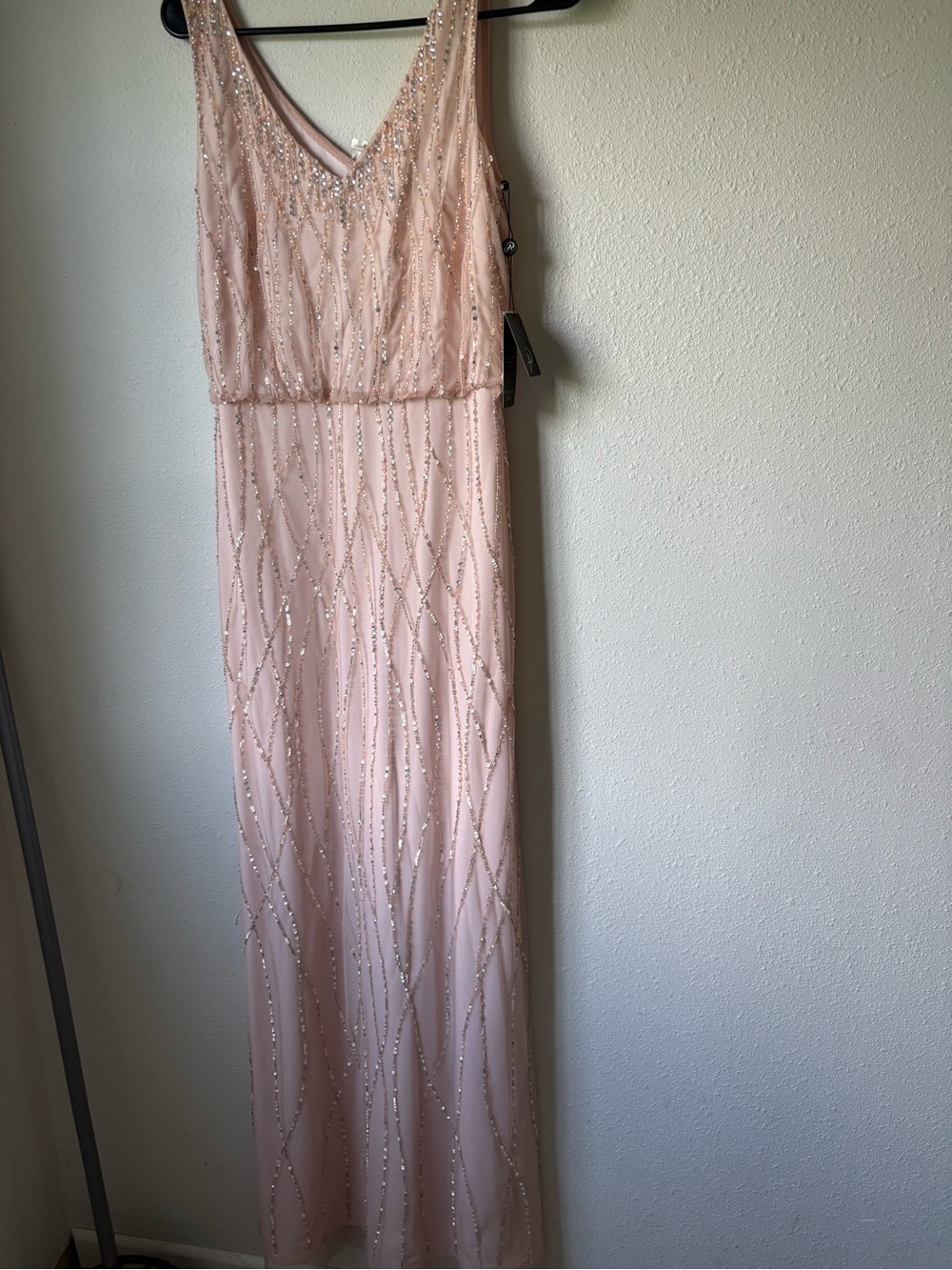 Adrianna Papell Blush Pink Beaded V-Neck Maxi Dress